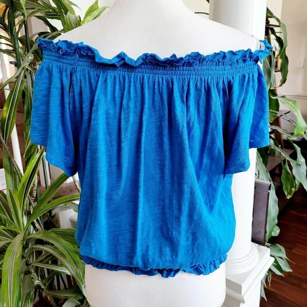 INC International Concepts Cotton Smocked Off Shoulder Peasant Top Sz Small Blue - Picture 4 of 7